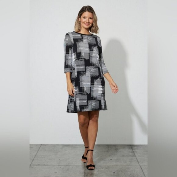 Joseph Ribkoff Black Abstract Shift Dress Scoop Neck 3/4 Sleeves Size 2 New - Picture 1 of 11
